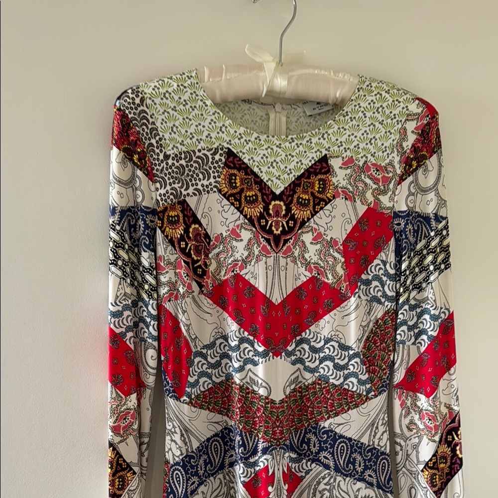 ETRO Jersey Patterned Midi (knee length) Dress with Red and Blue Accents